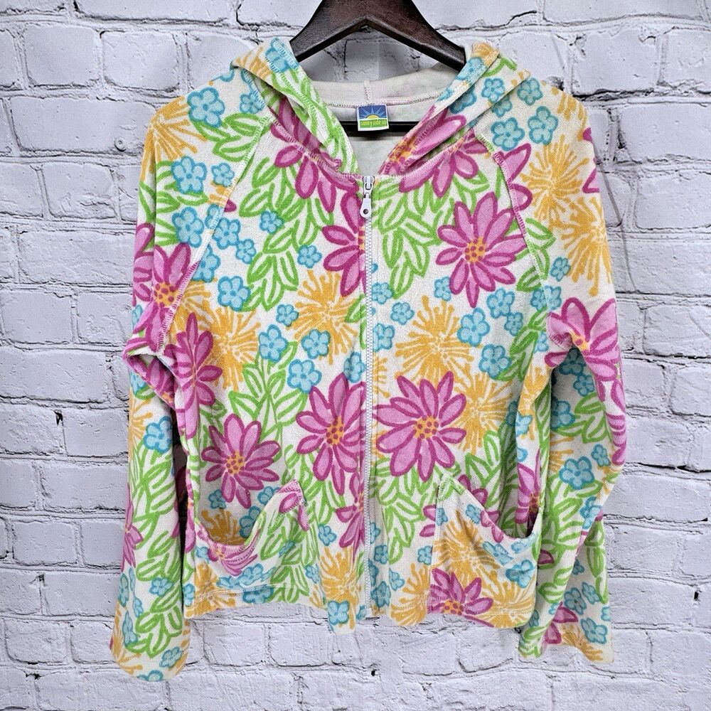 VTG Sunny Side Up Jacket Women's M Terry Beach Hoodie Bright Floral Made in USA